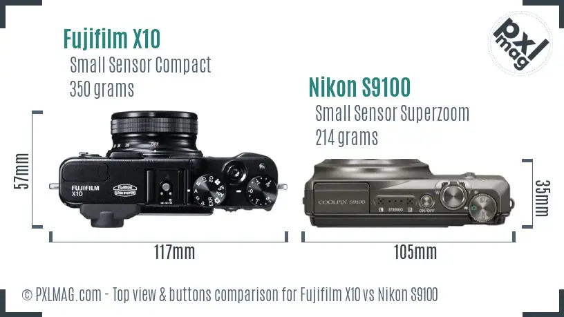 Fujifilm X10 vs Nikon S9100 top view buttons comparison