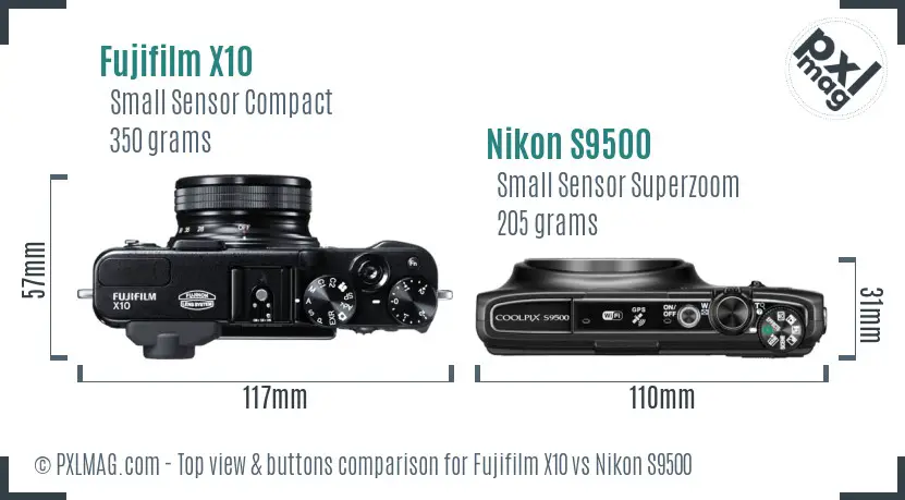 Fujifilm X10 vs Nikon S9500 top view buttons comparison