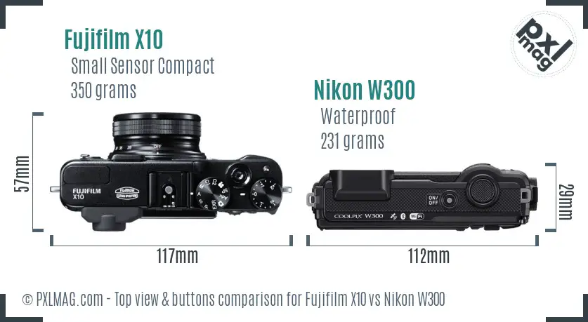 Fujifilm X10 vs Nikon W300 top view buttons comparison Fujifilm X10 vs Nikon W300 top view buttons comparison