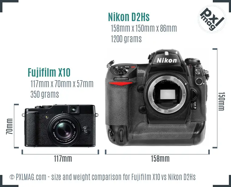 Fujifilm X10 vs Nikon D2Hs size comparison