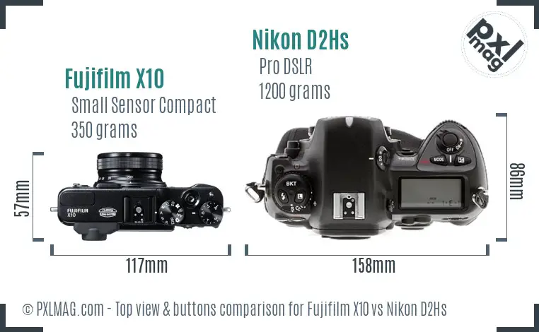 Fujifilm X10 vs Nikon D2Hs top view buttons comparison