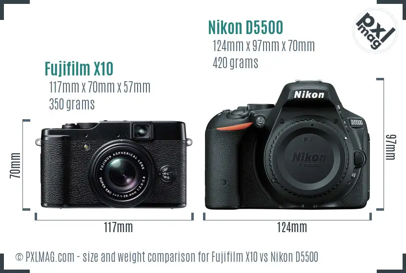 Fujifilm X10 vs Nikon D5500 size comparison