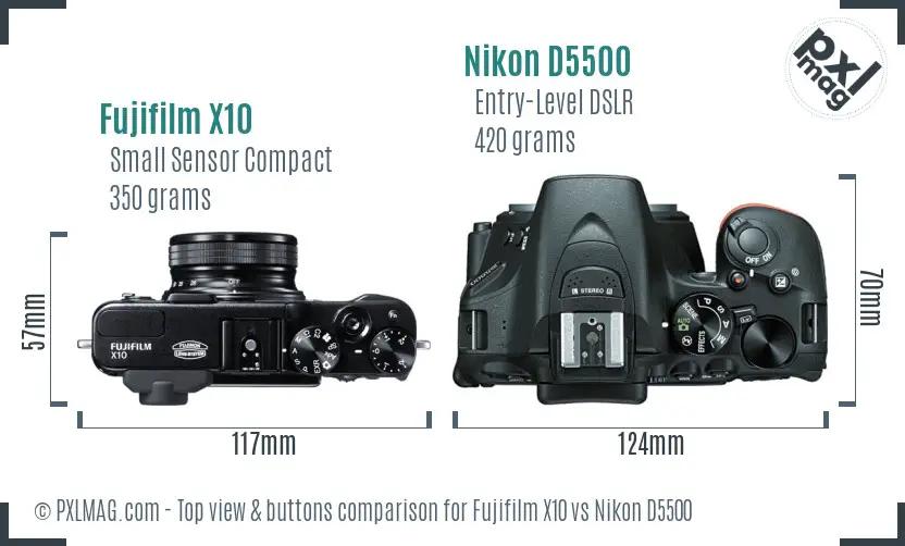 Fujifilm X10 vs Nikon D5500 top view buttons comparison