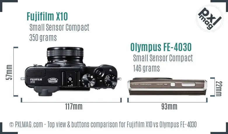 Fujifilm X10 vs Olympus FE-4030 top view buttons comparison
