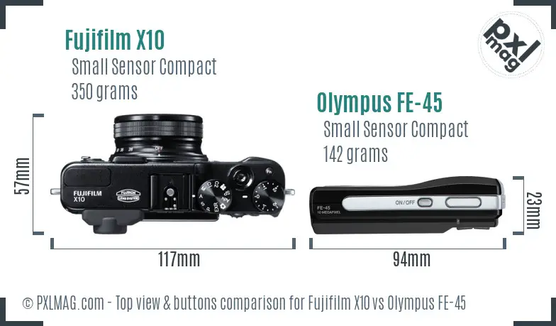 Fujifilm X10 vs Olympus FE-45 top view buttons comparison