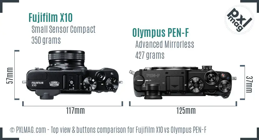 Fujifilm X10 vs Olympus PEN-F top view buttons comparison Fujifilm X10 vs Olympus PEN-F top view buttons comparison