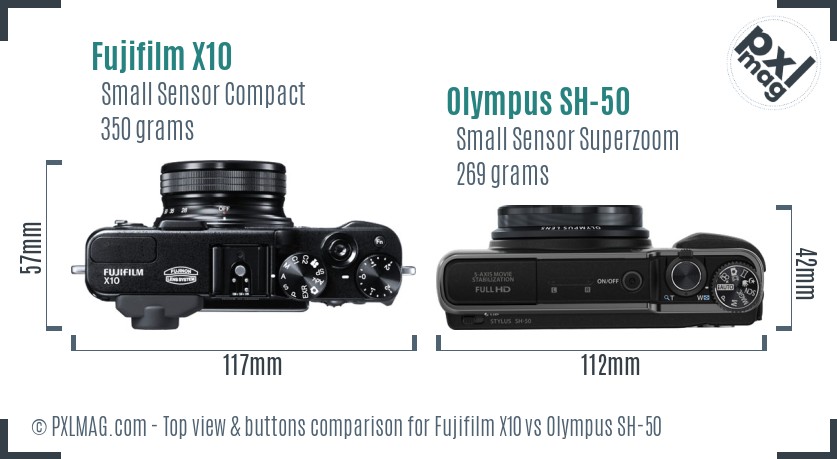 Fujifilm X10 vs Olympus SH-50 top view buttons comparison
