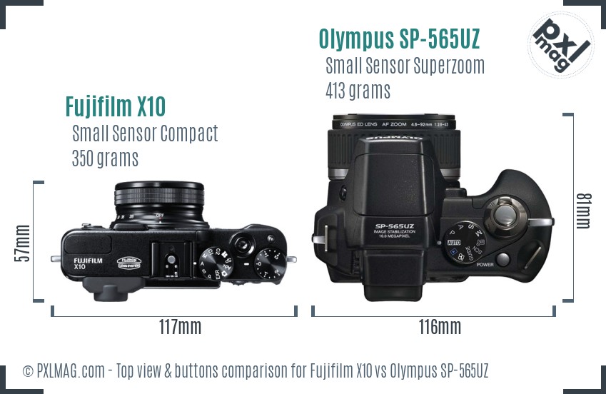 Fujifilm X10 vs Olympus SP-565UZ top view buttons comparison