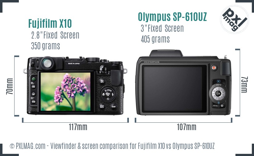 Fujifilm X10 vs Olympus SP-610UZ Screen and Viewfinder comparison
