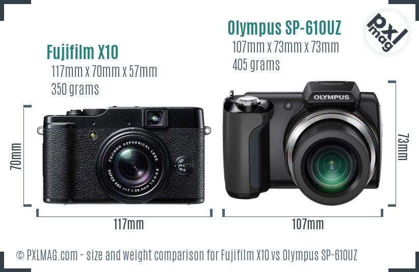Fujifilm X10 vs Olympus SP-610UZ size comparison