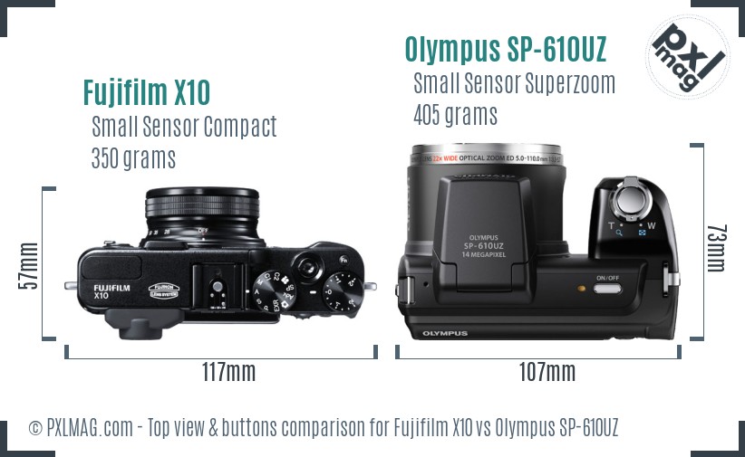 Fujifilm X10 vs Olympus SP-610UZ top view buttons comparison