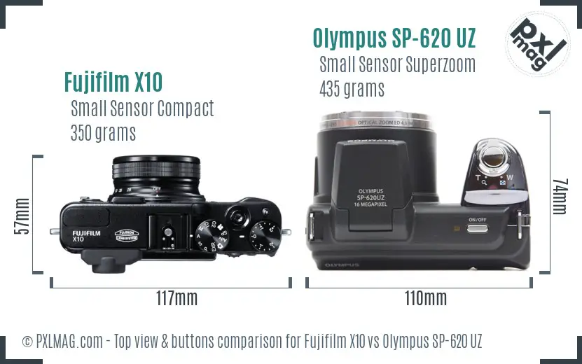 Fujifilm X10 vs Olympus SP-620 UZ top view buttons comparison Fujifilm X10 vs Olympus SP-620 UZ top view buttons comparison