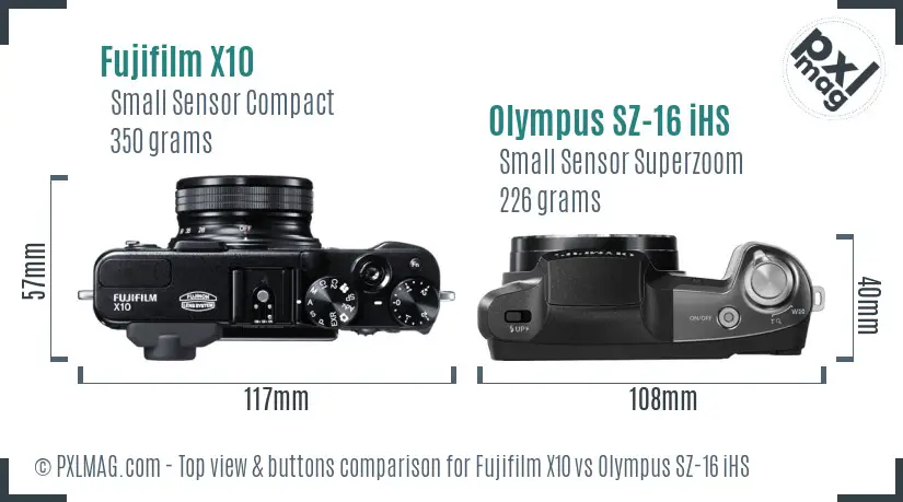 Fujifilm X10 vs Olympus SZ-16 iHS top view buttons comparison Fujifilm X10 vs Olympus SZ-16 iHS top view buttons comparison