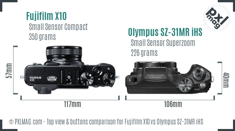 Fujifilm X10 vs Olympus SZ-31MR iHS top view buttons comparison Fujifilm X10 vs Olympus SZ-31MR iHS top view buttons comparison