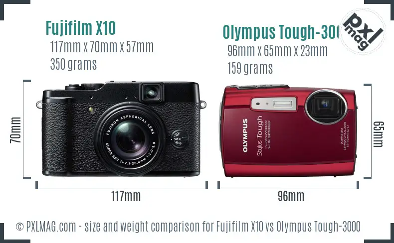 Fujifilm X10 vs Olympus Tough-3000 size comparison Fujifilm X10 vs Olympus Tough-3000 size comparison