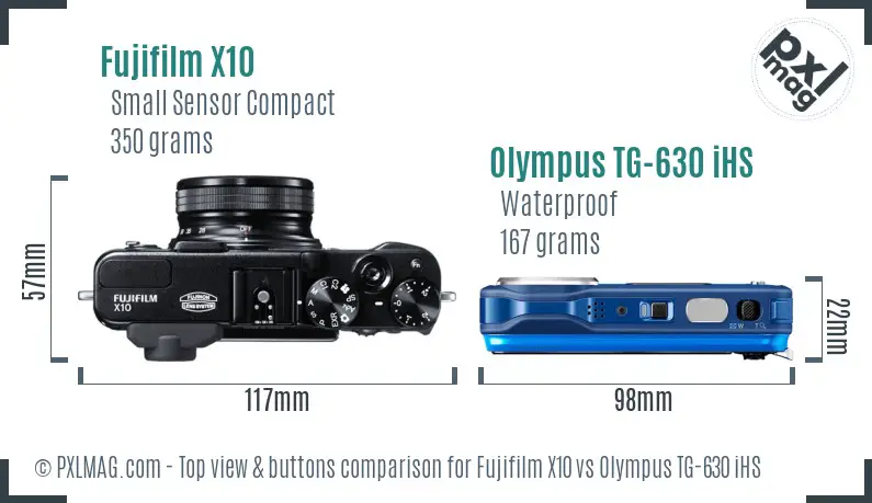 Top view showing design and control layout comparison of Fujifilm X10 and Olympus TG-630 iHS