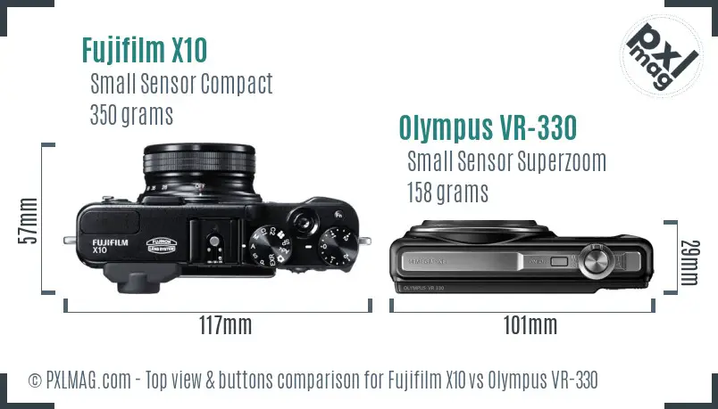 Fujifilm X10 vs Olympus VR-330 top view buttons comparison Fujifilm X10 vs Olympus VR-330 top view buttons comparison
