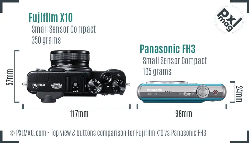 Fujifilm X10 vs Panasonic FH3 top view buttons comparison Fujifilm X10 vs Panasonic FH3 top view buttons comparison