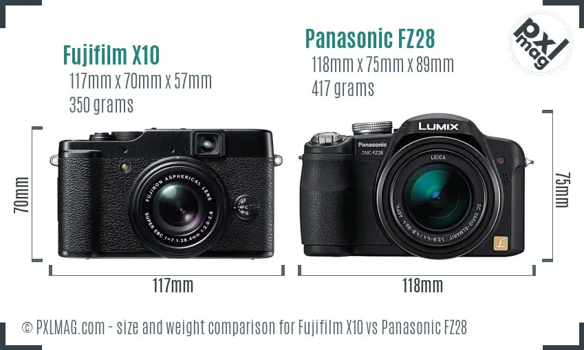 Fujifilm X10 vs Panasonic FZ28 size comparison