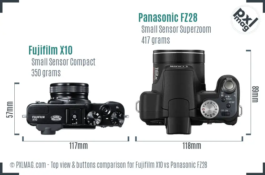 Fujifilm X10 vs Panasonic FZ28 top view buttons comparison