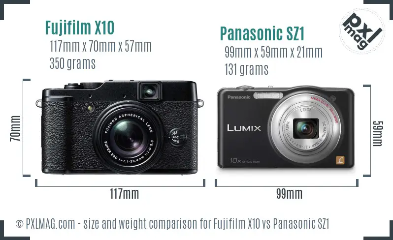 Fujifilm X10 vs Panasonic SZ1 size comparison