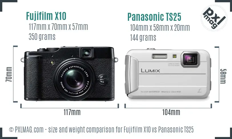 Fujifilm X10 vs Panasonic TS25 size comparison