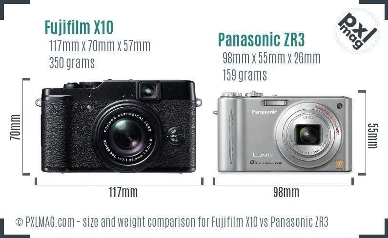 Fujifilm X10 vs Panasonic ZR3 size comparison