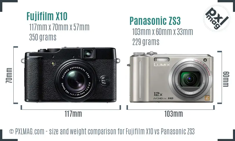 Fujifilm X10 vs Panasonic ZS3 size comparison