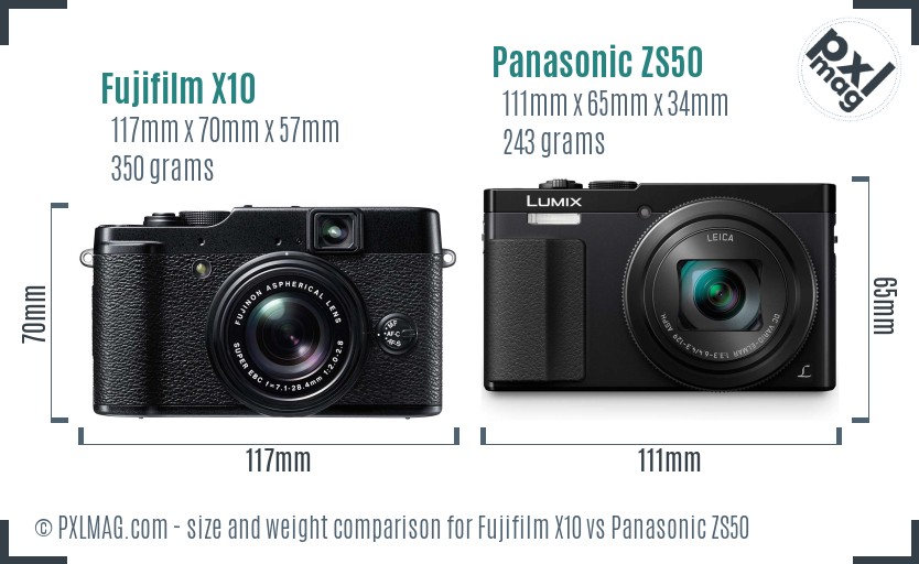 Fujifilm X10 vs Panasonic ZS50 size comparison