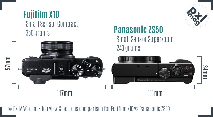 Fujifilm X10 vs Panasonic ZS50 top view buttons comparison