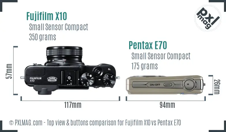 Fujifilm X10 vs Pentax E70 top view buttons comparison
