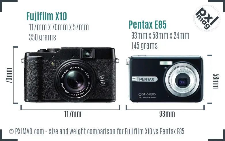 Fujifilm X10 vs Pentax E85 size comparison