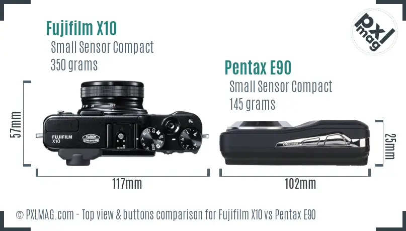 Fujifilm X10 vs Pentax E90 top view buttons comparison