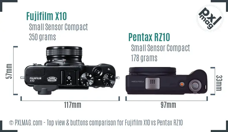 Fujifilm X10 vs Pentax RZ10 top view buttons comparison Fujifilm X10 vs Pentax RZ10 top view buttons comparison
