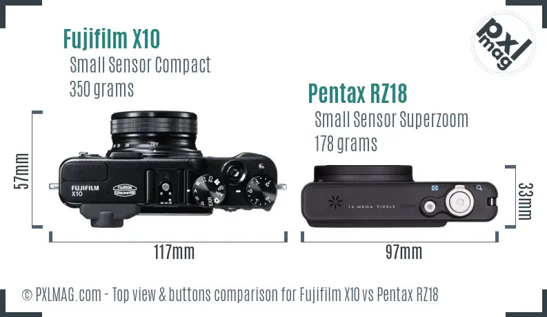 Fujifilm X10 vs Pentax RZ18 top view buttons comparison Fujifilm X10 vs Pentax RZ18 top view buttons comparison