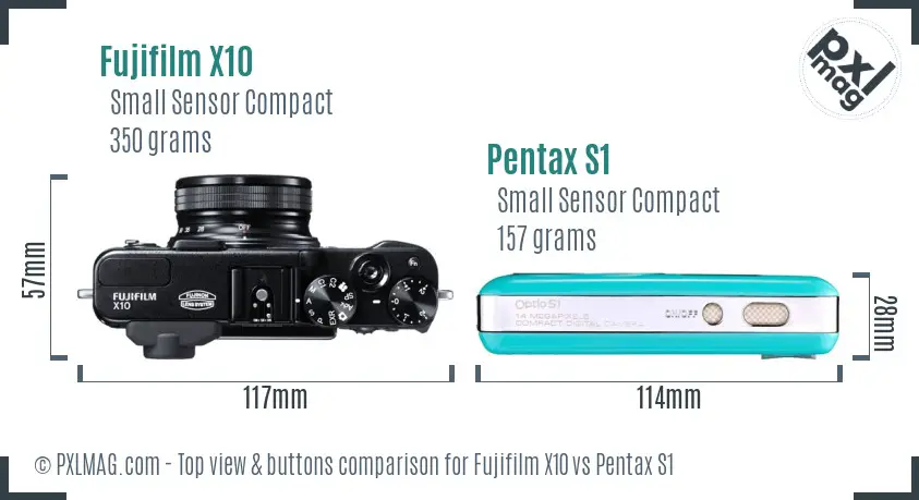 Fujifilm X10 vs Pentax S1 top view buttons comparison Fujifilm X10 vs Pentax S1 top view buttons comparison