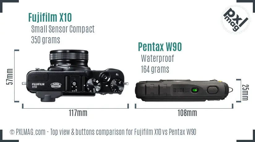 Fujifilm X10 vs Pentax W90 top view buttons comparison