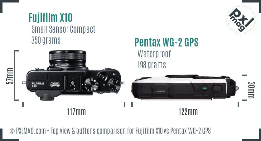 Fujifilm X10 vs Pentax WG-2 GPS top view buttons comparison Fujifilm X10 vs Pentax WG-2 GPS top view buttons comparison