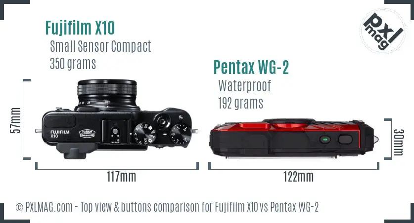 Fujifilm X10 vs Pentax WG-2 top view buttons comparison Fujifilm X10 vs Pentax WG-2 top view buttons comparison