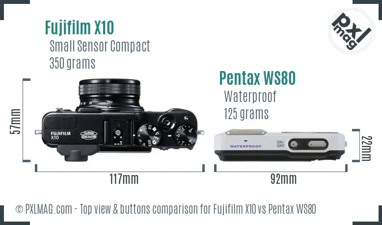 Fujifilm X10 vs Pentax WS80 top view buttons comparison
