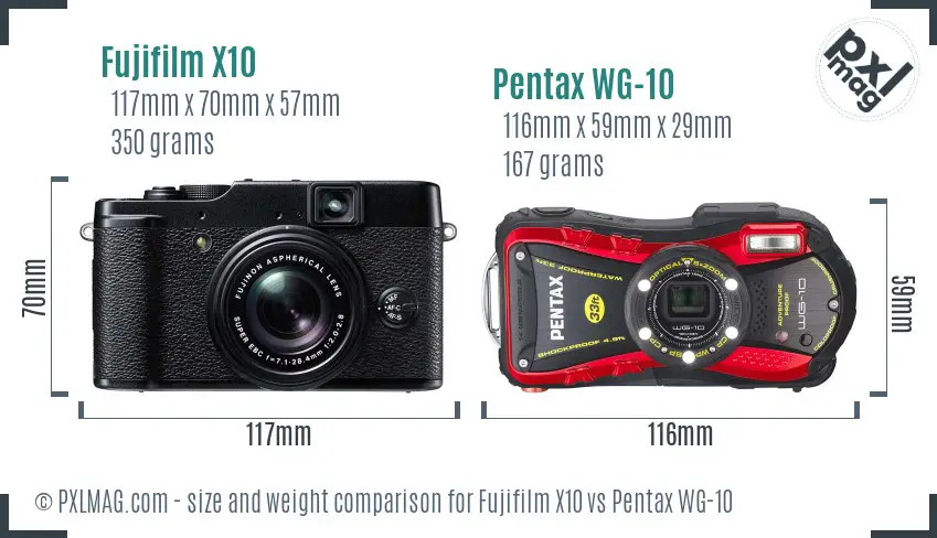 Fujifilm X10 vs Pentax WG-10 size comparison