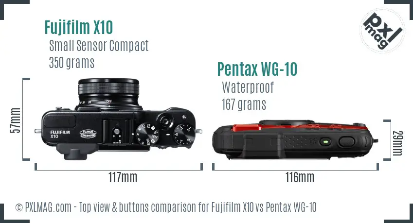 Fujifilm X10 vs Pentax WG-10 top view buttons comparison