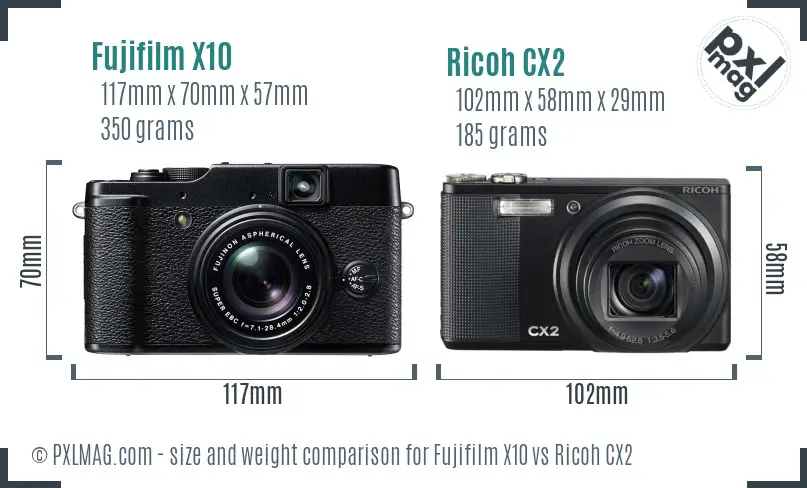 Fujifilm X10 vs Ricoh CX2 size comparison