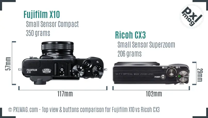 Fujifilm X10 vs Ricoh CX3 top view buttons comparison Fujifilm X10 vs Ricoh CX3 top view buttons comparison