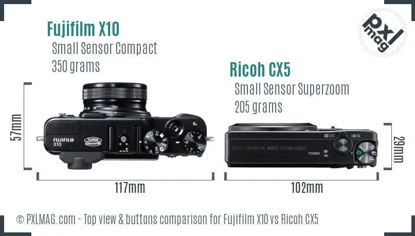 Fujifilm X10 vs Ricoh CX5 top view buttons comparison