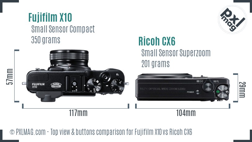 Fujifilm X10 vs Ricoh CX6 top view buttons comparison