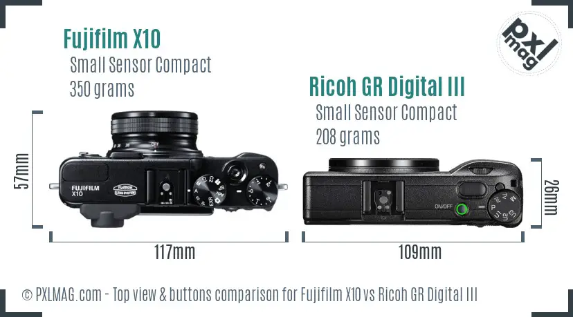 Fujifilm X10 vs Ricoh GR Digital III top view buttons comparison