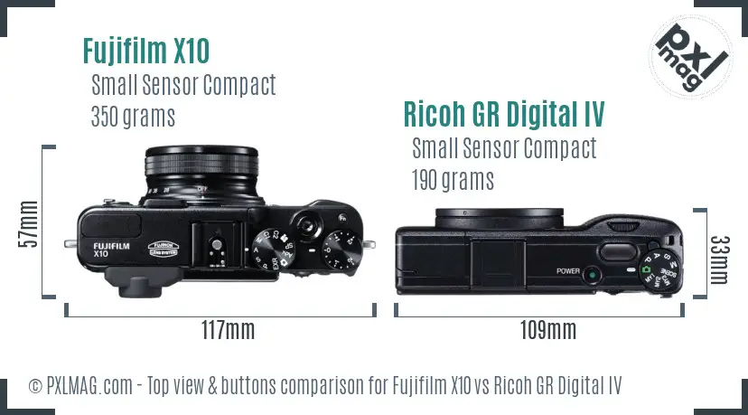Fujifilm X10 vs Ricoh GR Digital IV top view buttons comparison