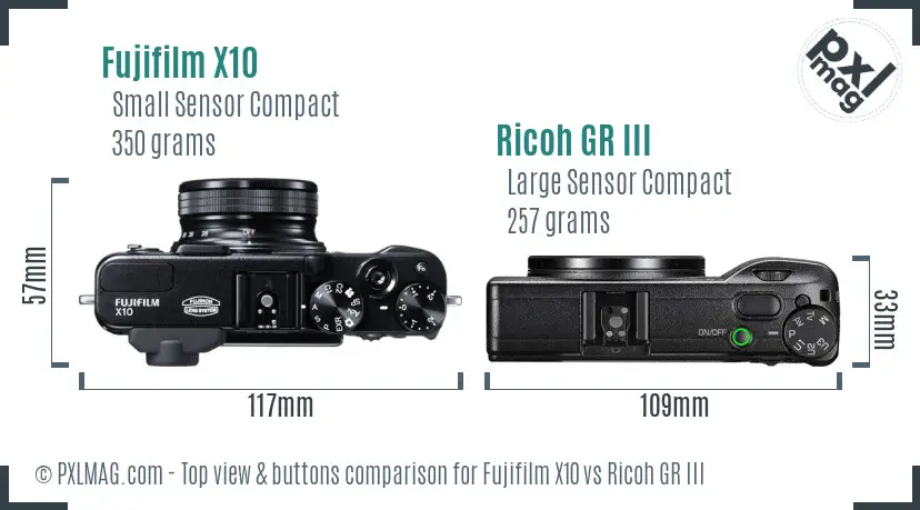 Fujifilm X10 vs Ricoh GR III top view buttons comparison Fujifilm X10 vs Ricoh GR III top view buttons comparison