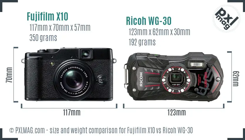 Fujifilm X10 vs Ricoh WG-30 size comparison